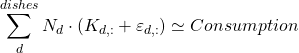 Rendered by QuickLaTeX.com  $$\sum_{d}^{dishes} N_d \cdot (K_{d,:} + \varepsilon_{d,:}) \simeq Consumption$$